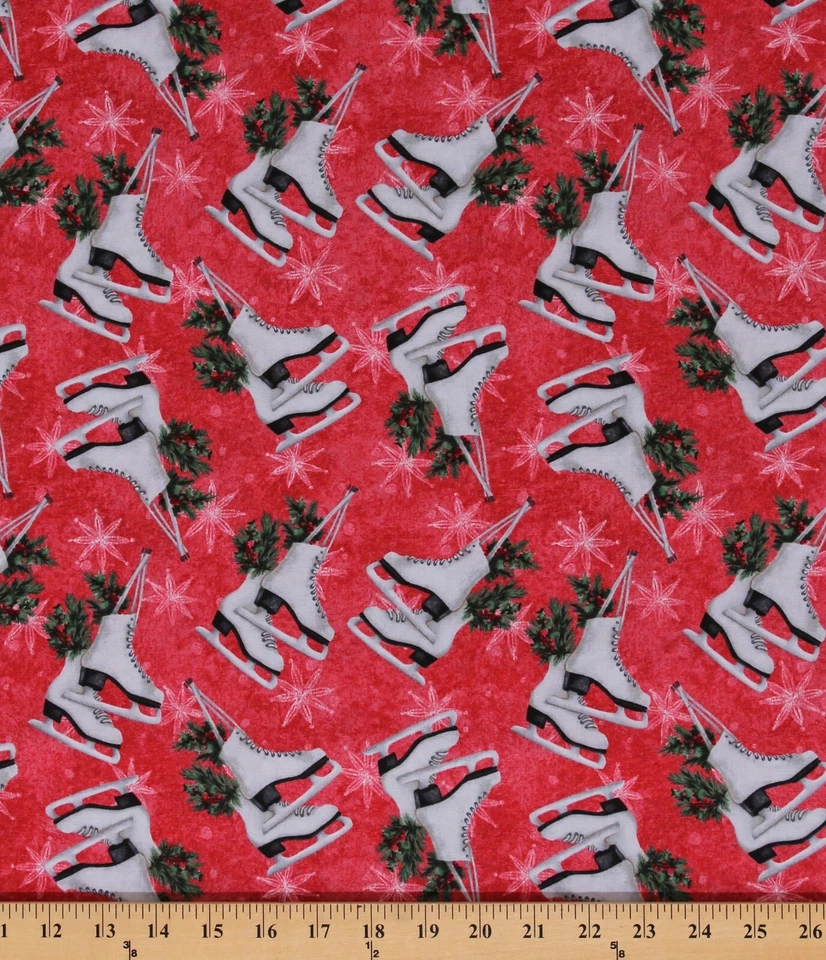 Patines de hielo de algodón acebo copos de nieve tela de Navidad estampado por yarda D401.59 Foto 1 de 1
