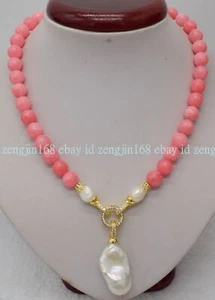10mm red Rhodochrosite Round Beads & White Baroque Pearl Pendant Necklace 18in - Picture 1 of 12