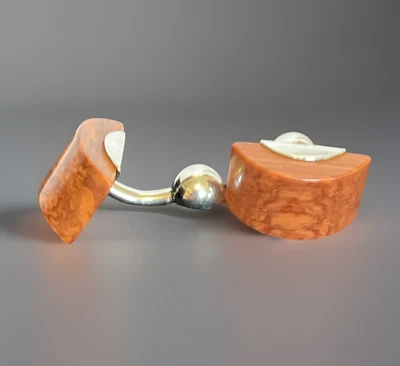 Wood Tone Fixed Link Cufflinks With Silver Tone Accent Classic Formal Wear - Image 1 of 4