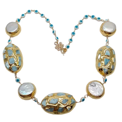 Collar Cadena Mal de Ojo Esmalte Chapado en Oro Larimar Azul Perla Moneda Blanca 21" Foto 1 de 4