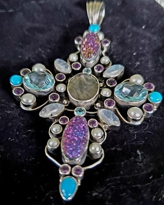 NICKY BUTLER RAJ LG BLUE TOPAZ PEARL MOONSTONE DRUSY 925 STERLING CROSS PENDANT  - Image 1 of 4