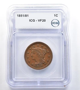 1851/81 Braided Hair Large Cent VF20 ICG *8026 - Picture 1 of 3