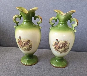 Antiguo par de jarrones de porcelana vintage con un par de faisanes - Imagen 1 de 6