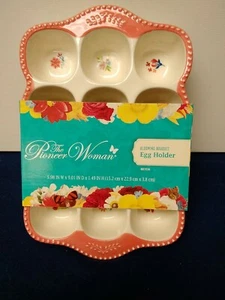 Pioneer Woman Celia Stoneware Egg Holder Coral 6x9x1.5 Inches Holds 12 Eggs - Picture 1 of 8