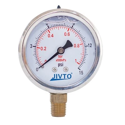 Pressure Gauge,liquid Filled,2" Dia,0-15 psi,1/4 NPT Lower Mount - Image 1 of 4