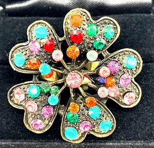 Vintage Cocktail Multi Color Rhinestone Cluster Flower Heart Adjustable Ring - Picture 1 of 12