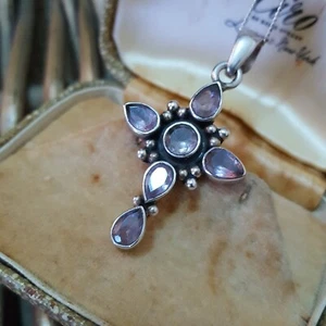 Vintage 925 Sterling Silver Necklace, Natural Rose De France Amethyst Cross - Picture 1 of 7