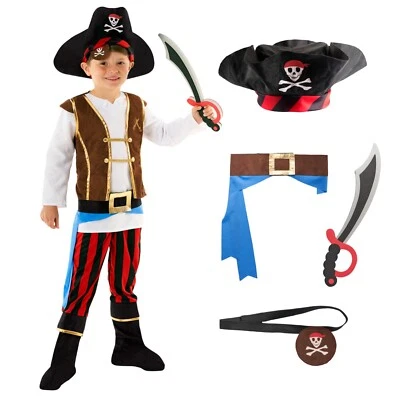 Disfraz de Pirata para Niños + Sombrero Juguete Espada Niños Caribe Bucanero Capitán Halloween Foto 1 de 4