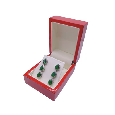 White gold finish pear cut green emerald and created diamond droplet earrings  - Image 1 of 4