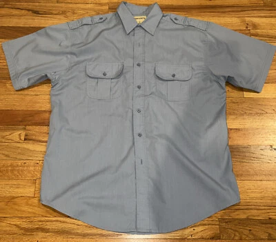 复古 John Weitz 短袖纽扣衬衫 尺寸 L 16-16.5 蓝色制服野生动物园 — 第 1/4 张图片