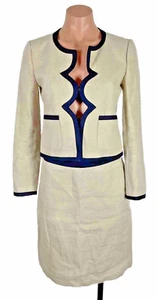 J Crew 100% Linen Scalloped Beige Navy Blue Trim Woven Suit Blazer Skirt Set 2pc - Picture 1 of 17