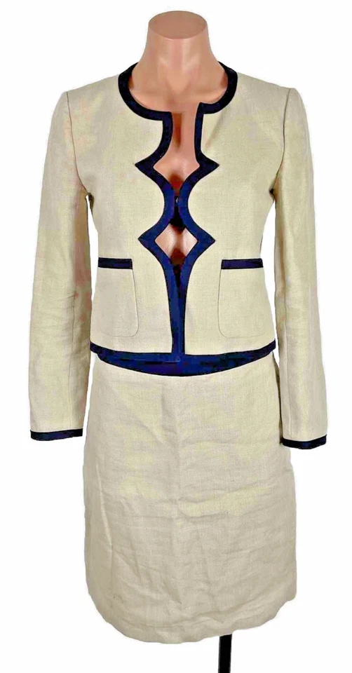 J Crew 100% Linen Scalloped Beige Navy Blue Trim Woven Suit Blazer Skirt Set 2pc - Image 1 of 4