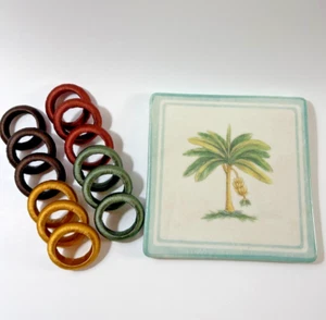 Williams Sonoma Verano Tile Ceramic Trivet potholder with 12 napkin rings - Picture 1 of 8