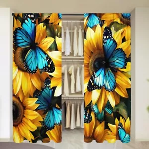 2Pcs Butterfly Sunflower Window Curtains Drapes Bedroom Living Room Kitchen - Picture 1 of 21