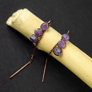 Natural Rough Amethyst Gemstone Long Dangle Threader Earrings Fashion Jewelry - Picture 1 of 15