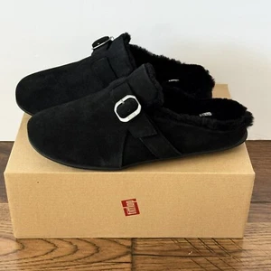 FitFlop Chrissie Fibbia Foderata in Shearling Ciabatte da Donna Taglia 9 Zoccoli Neri - Foto 1 di 13
