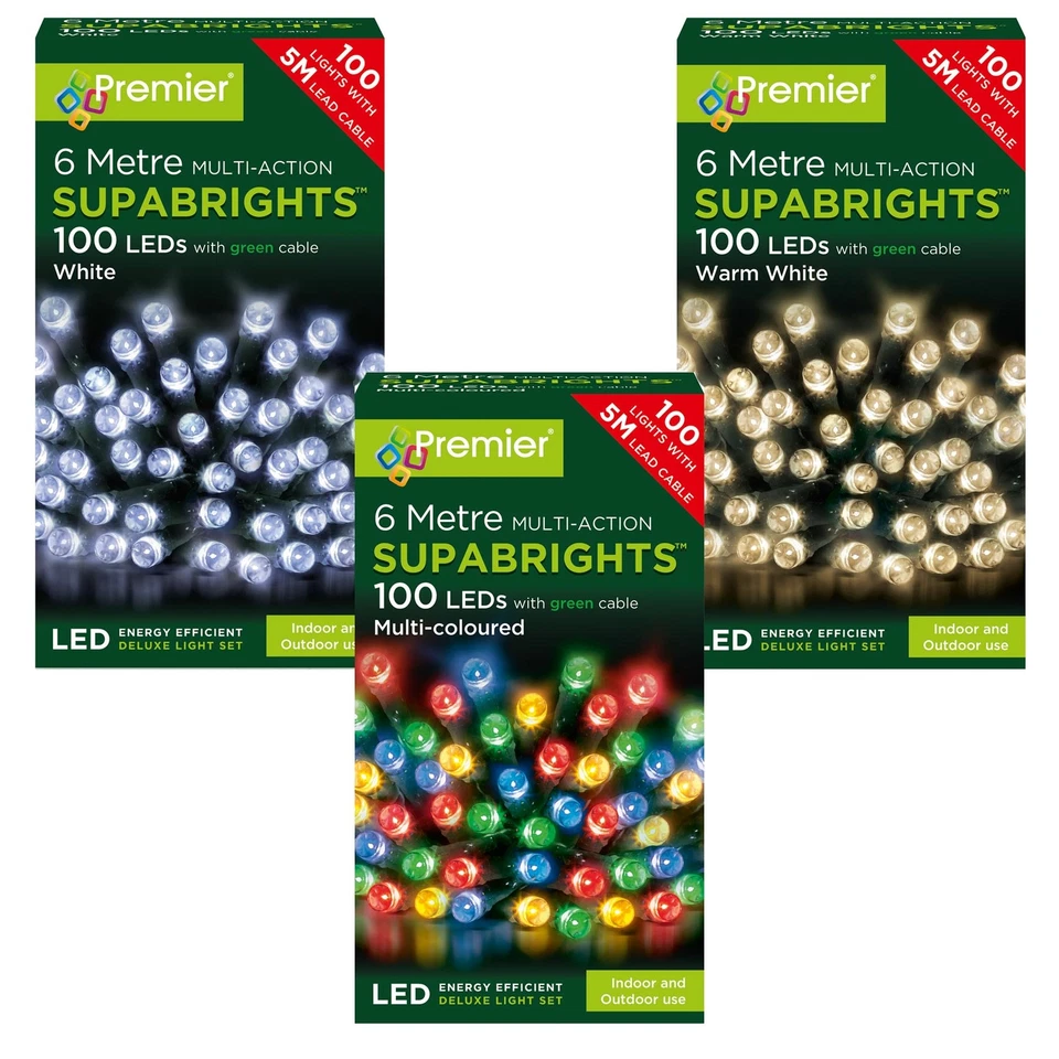 Premier - LED Lights - Green Cable - 100 Multi-Action Supabright - Choose Colour - Image 1 of 1