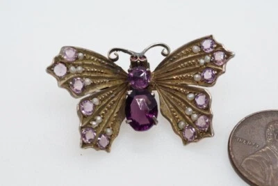 ANTIGUA PASTA DE AMATISTA DORADA PLATA EUROPEA Y PERLA MARIPOSA PASADOR ADORNO PARA EL CABELLO Foto 1 de 4