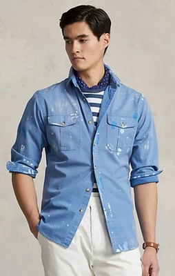 Classic Fit Painted Chino Workshirt Polo Ralph Lauren Men Size Medium Blue $198 - Image 1 of 4