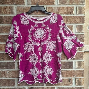 Solitaire Tunika Top Blumen bestickt Jakobsmuschelbesatz Pullover Boho Gr. M - Bild 1 von 6