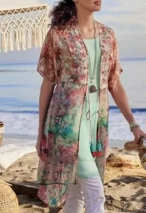Weiche Umrandung Aquarell Perlen lange Strickjacke Topper Größe L Large Beachy Neu mit Etikett - Bild 1 von 14