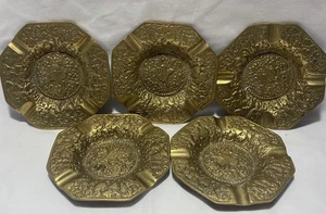 5 Coin Trays Or Ash Tray Very HEAVY SOLID  BRASS  Nice Matching Patterns - Picture 1 of 5