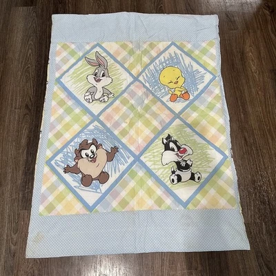 Vintage Looney Tunes Baby Quilt 43 X 31 Bugs Bunny Tweety Taz Sylvester Gingham - Image 1 of 4