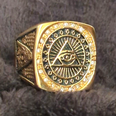 Anel maçônico masculino maçom Illuminati olho aço inoxidável cristal ouro tamanho 10 - Imagem 1 de 4