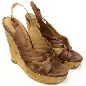 YSL Beige silk and gold wedges 5” High Designer Y2K Chunky Metallic 37 7 - Picture 1 of 8
