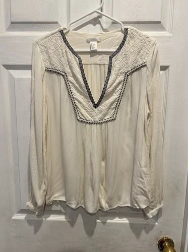 OFF WHITE Camicetta donna H&M bianco sporco in chiffon taglia 10 manica lunga boho ricamata