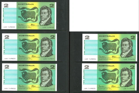 1985 Australian Run 5x $2 LKU239615-19 Johnston Fraser Paper Banknote issues r89 Cover