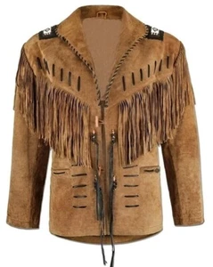 Herren Trachten Western Cowboy Lederjacke Mantel mit Fransen und Perlen - Bild 1 von 4
