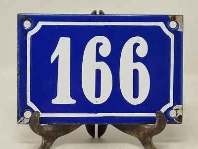 Placa de puerta de calle vintage francesa esmaltada azul marino y blanco número 166  Foto 1 de 4