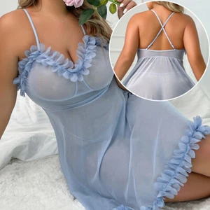 Women Nightdress Sexy Mesh Lingerie Backless Plus Size Teddy Babydoll Sleepwear - Picture 1 of 9