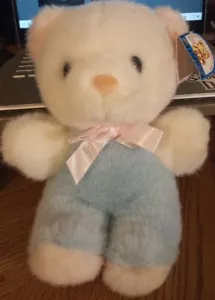 NEW Kellytoy Blue & White Teddy Bear Plush Rattle W/ Flocked Nose, Pink Feet - Picture 1 of 7