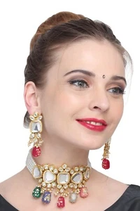Indian Bollywood Kundan Gold Plated Multicolor Necklace Jewelry Fashion Set - Picture 1 of 7
