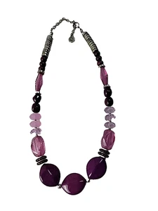 Vintage NAPIER Pretty Beaded Necklace with Chunky Purple & Silver Tone Beads - Picture 1 of 7