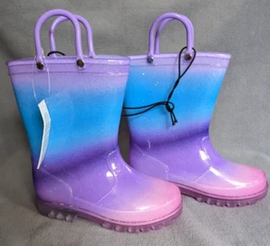 NEW! Toddler Girls Rain Rubber Boots, Sz 8, Pink, Purple, Blue, Glitter Sparkle - Picture 1 of 6
