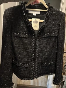 Boston Proper Parisian Shimmer Tweed Jacket Blazer Black Silver Chain Fringe 10 - Picture 1 of 4