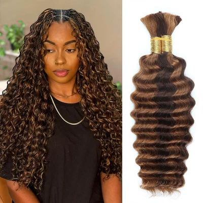 Human Braiding Hair 16 Inch 100G 4/30 Ombre Highlight Deep Wave Bulk No Weft Cur - Image 1 of 4
