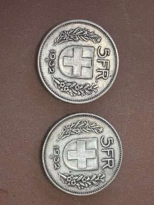 Lot 2 1932 B Swiss 5 Francs Switzerland Helvetica Silver Coin - Image 1 of 4