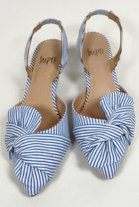 Womens 7.5M Impo Edana White Blue Shimmer Stripe Sandal Cushioned 2" Kitten Heel - Picture 1 of 9