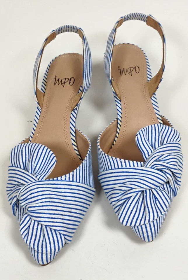 Mujer 7.5M Impo Edana Blanco Azul Brillo Rayas Sandalia Acolchada 2" Tacón Gatito Foto 1 de 4