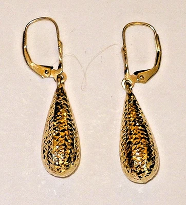 14K - 14KT Yellow Gold Teardrop Textured Hammered Dangle Pierced earrings 1.9 G - Image 1 of 4