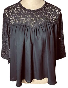 Soprano Sz S Women’s Juniors Lace Chiffon BabyDoll Top Navy Blue/Black? Coquette - Picture 1 of 13