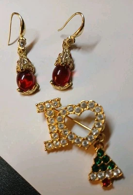 Vintage Rinestone I❤️Christmas Pin W/dangling Tree And Two Red Gen Earrings, Set - Image 1 of 4