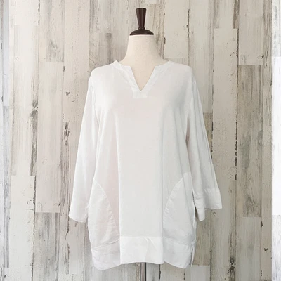 Túnica longa branca Lagenlook top L mistura de linho casual minimalista resort cruzeiro - Imagem 1 de 4