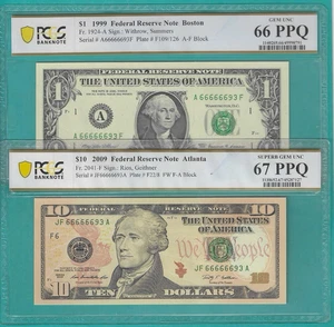 $1 and $10 2X Matching Serial Number SOLID 6s  66666693 PCGS Graded 66/67 - Picture 1 of 2