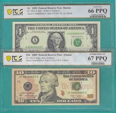 $1 and $10 2X Matching Serial Number SOLID 6s  66666693 PCGS Graded 66/67 - Image 1 of 2