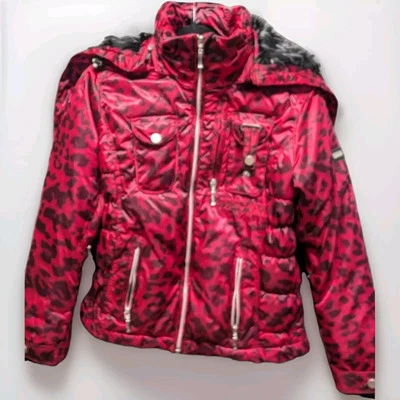 Abrigo Chaqueta Esquí Obermeyer Leighton Mujer Talla 4P Rosa Profundo Negro Piel Leopardo Capucha Foto 1 de 4